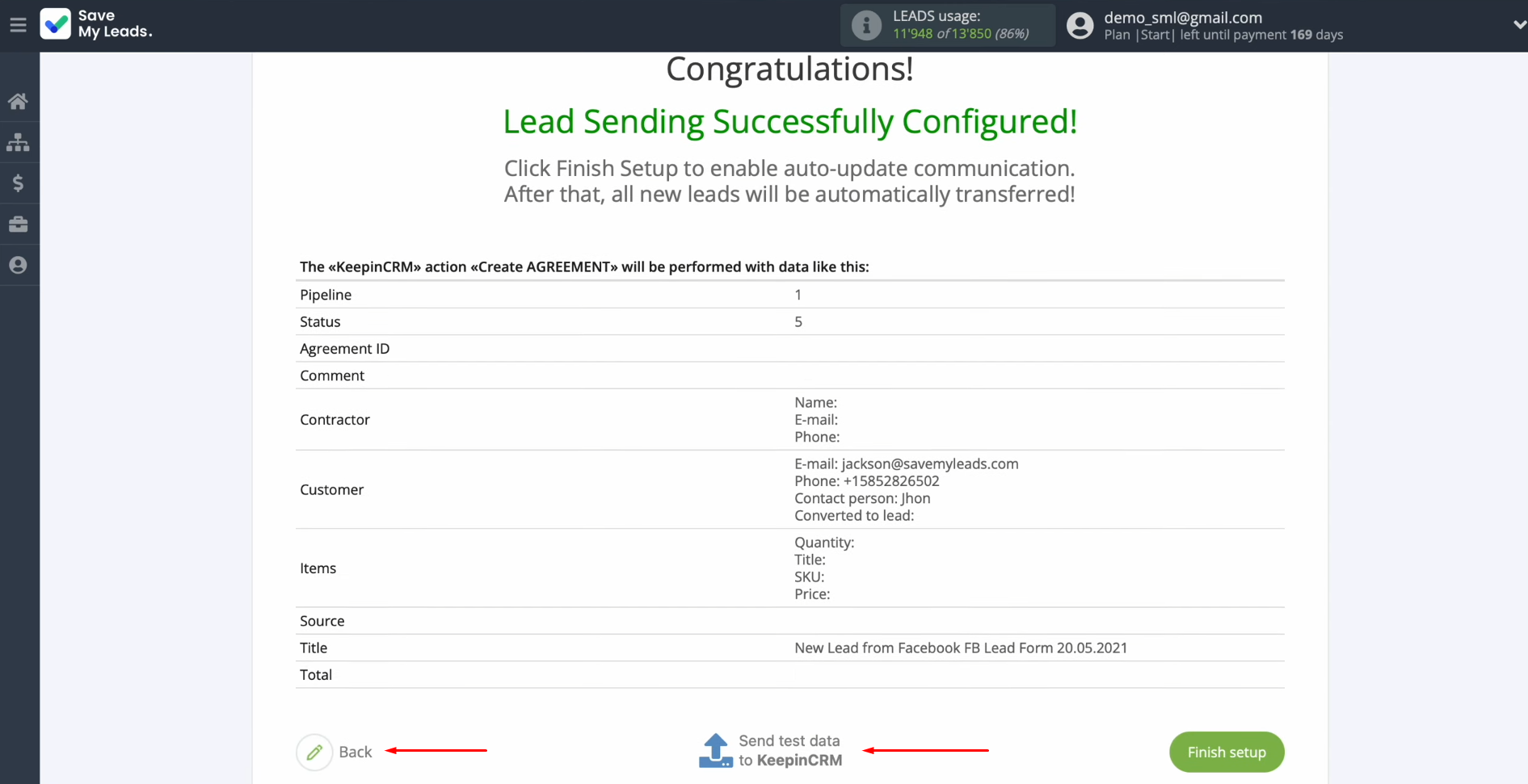 Facebook KeepinCRM integration | Click "Back" or “Send test data to KeepinCRM” Facebook KeepinCRM integration | Click "Back" or “Send test data to KeepinCRM”