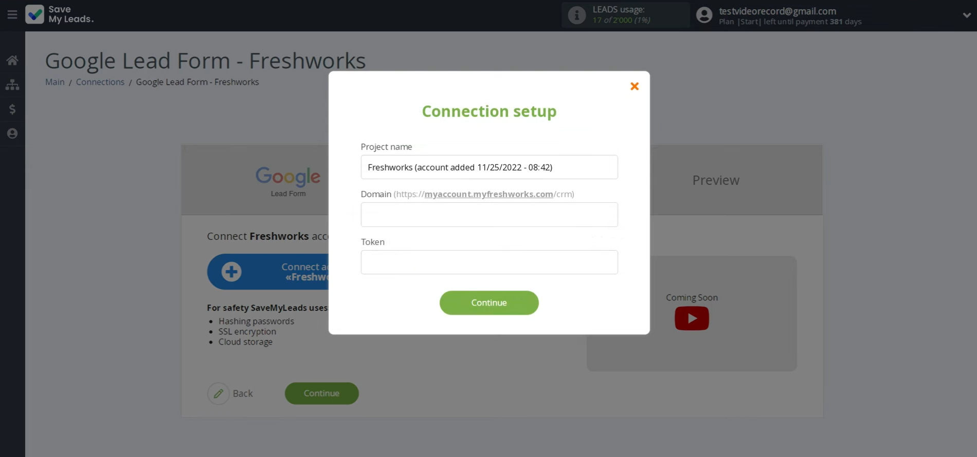 Specify the domain and token from your Freshworks account