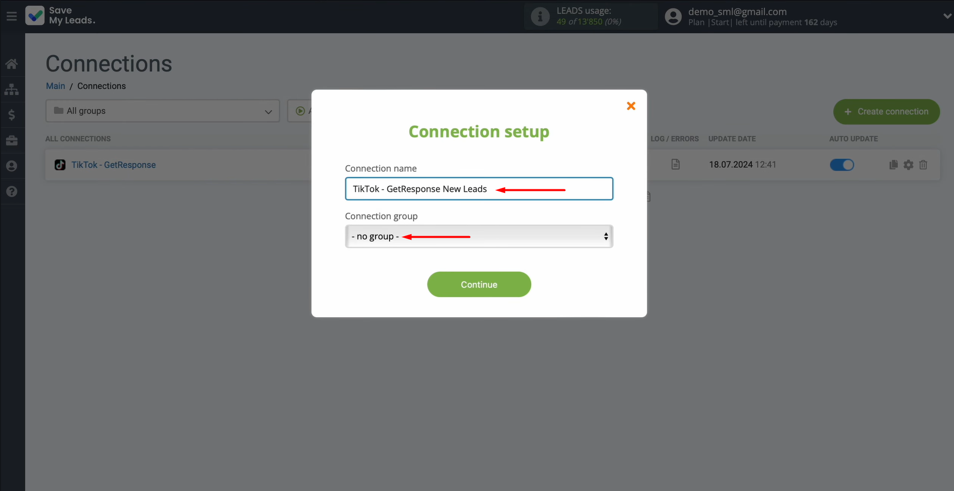 Update the connection name and assign it to a group