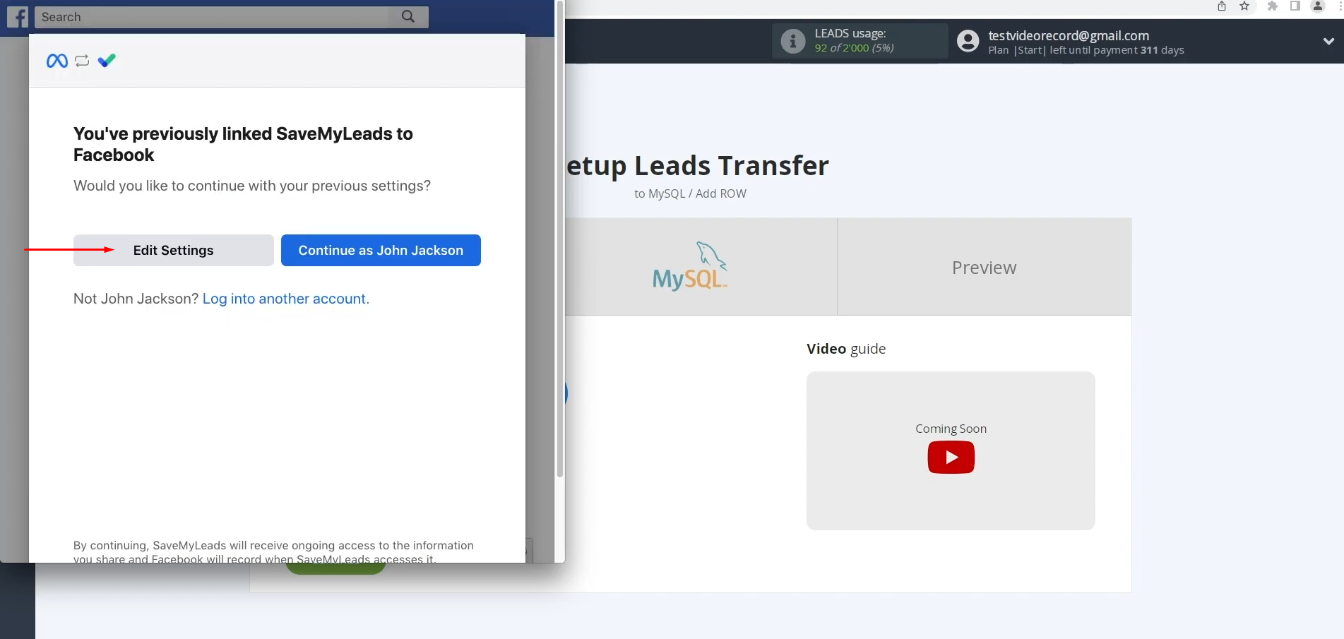 MySQL and Facebook integration | Click “Edit Settings” MySQL and Facebook integration | Click “Edit Settings”