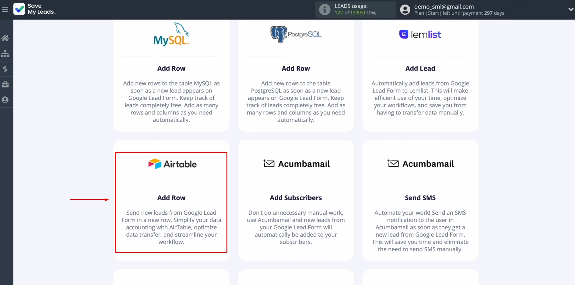 Google Lead Form and Airtable integration | Choose the Airtable (Add Row) Google Lead Form and Airtable integration | Choose the Airtable (Add Row)