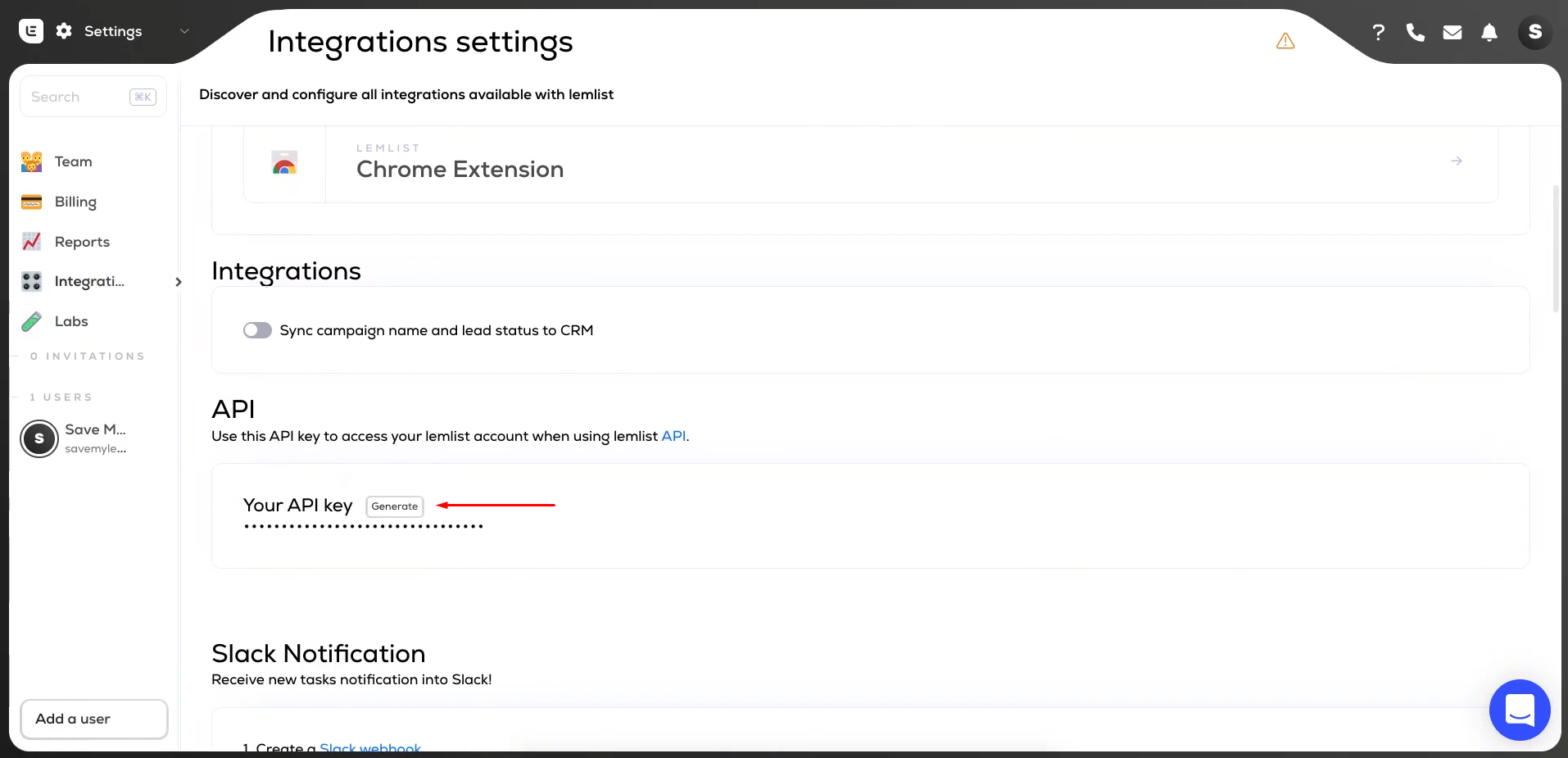 Facebook and Lemlist integration | Click “Generate” Facebook and Lemlist integration | Click “Generate”