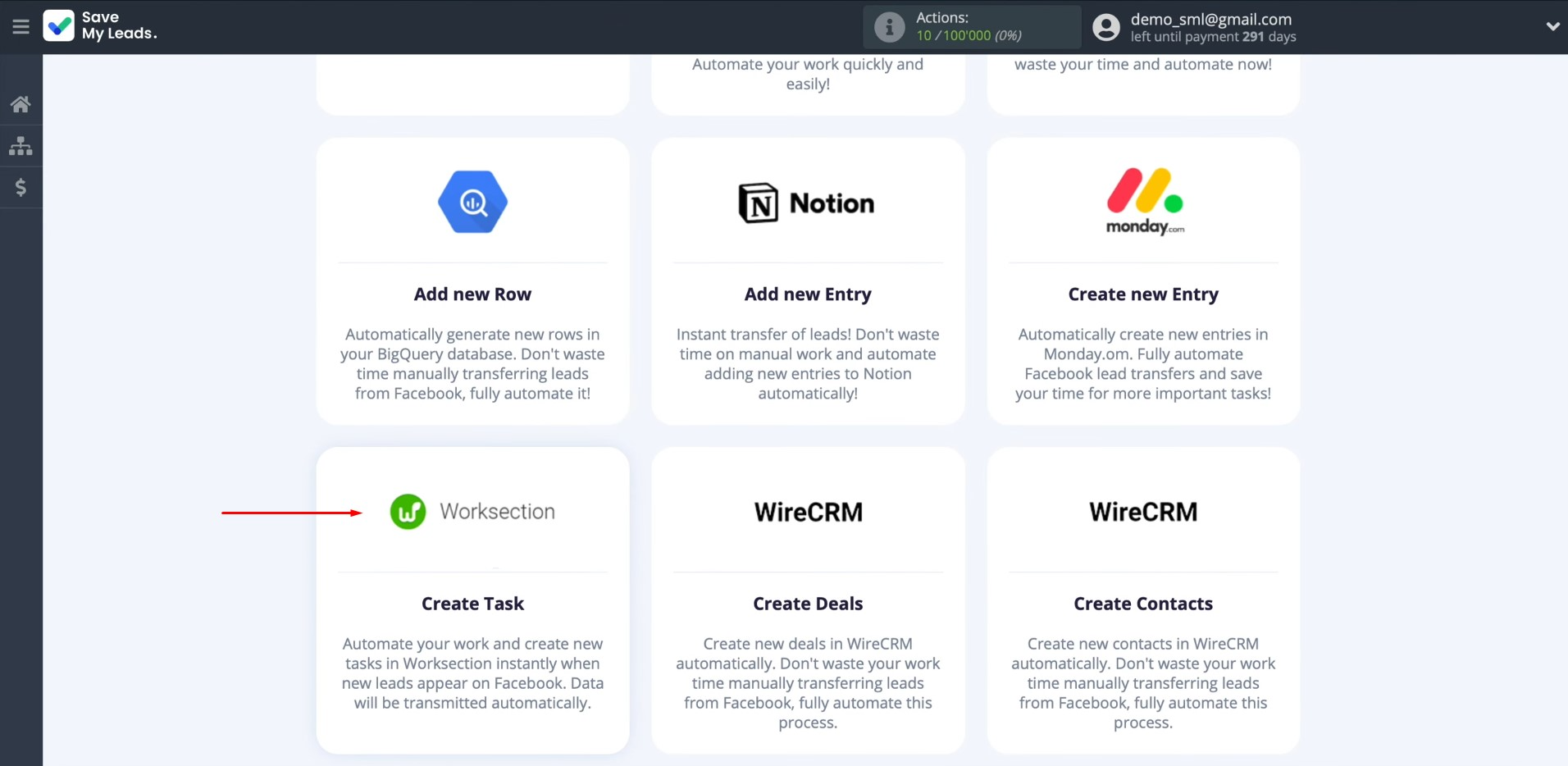Facebook and Worksection integration | Select the Worksection (Create Task) template Facebook and Worksection integration | Select the Worksection (Create Task) template