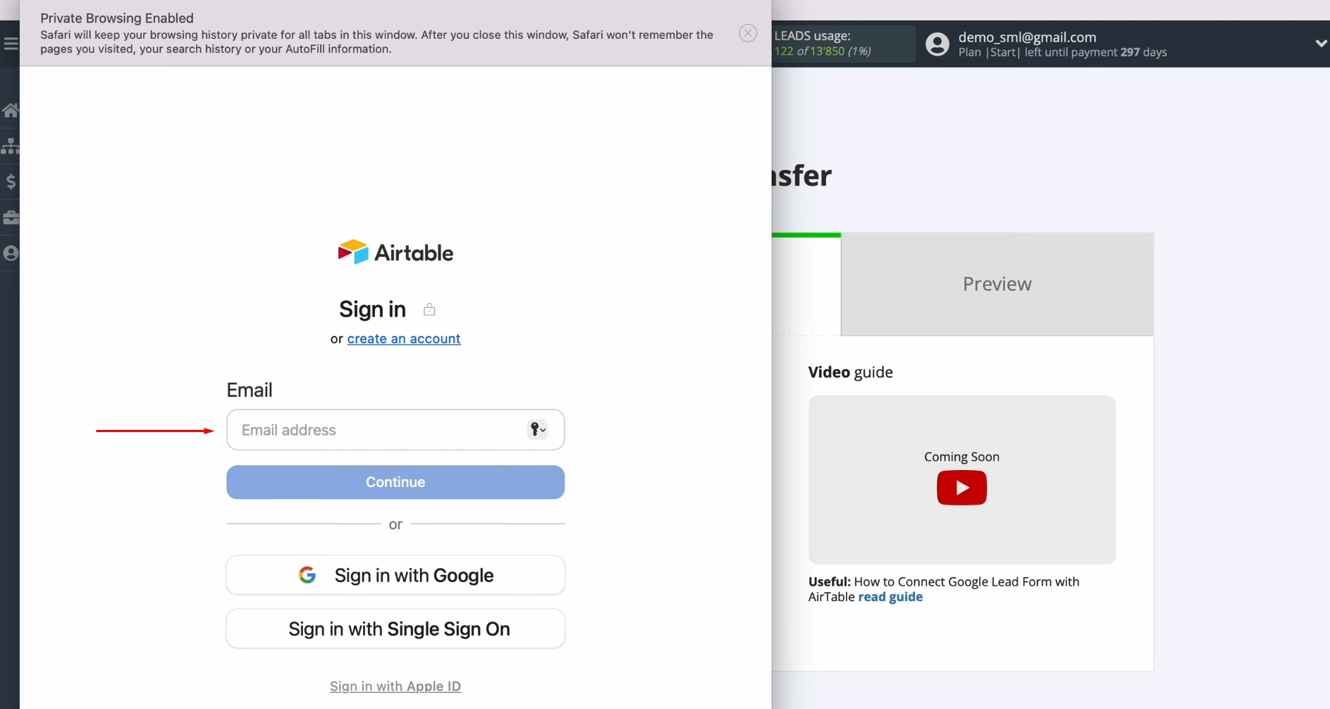 Google Lead Form and Airtable integration | Specify the login of your Airtable personal account Google Lead Form and Airtable integration | Specify the login of your Airtable personal account