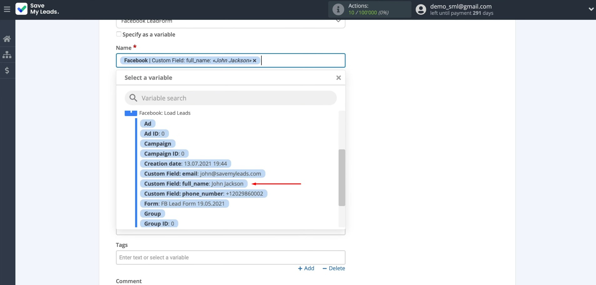 Facebook and Worksection integration | Select variables from Facebook Facebook and Worksection integration | Select variables from Facebook