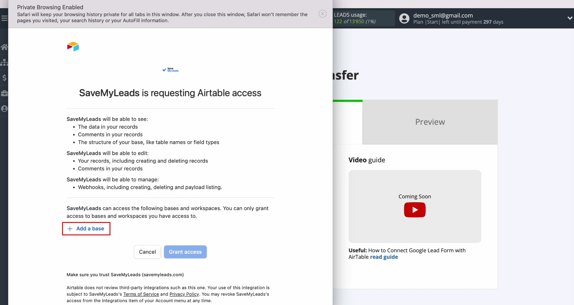 Google Lead Form and Airtable integration | Сlick on “Add a base” Google Lead Form and Airtable integration | Сlick on “Add a base”