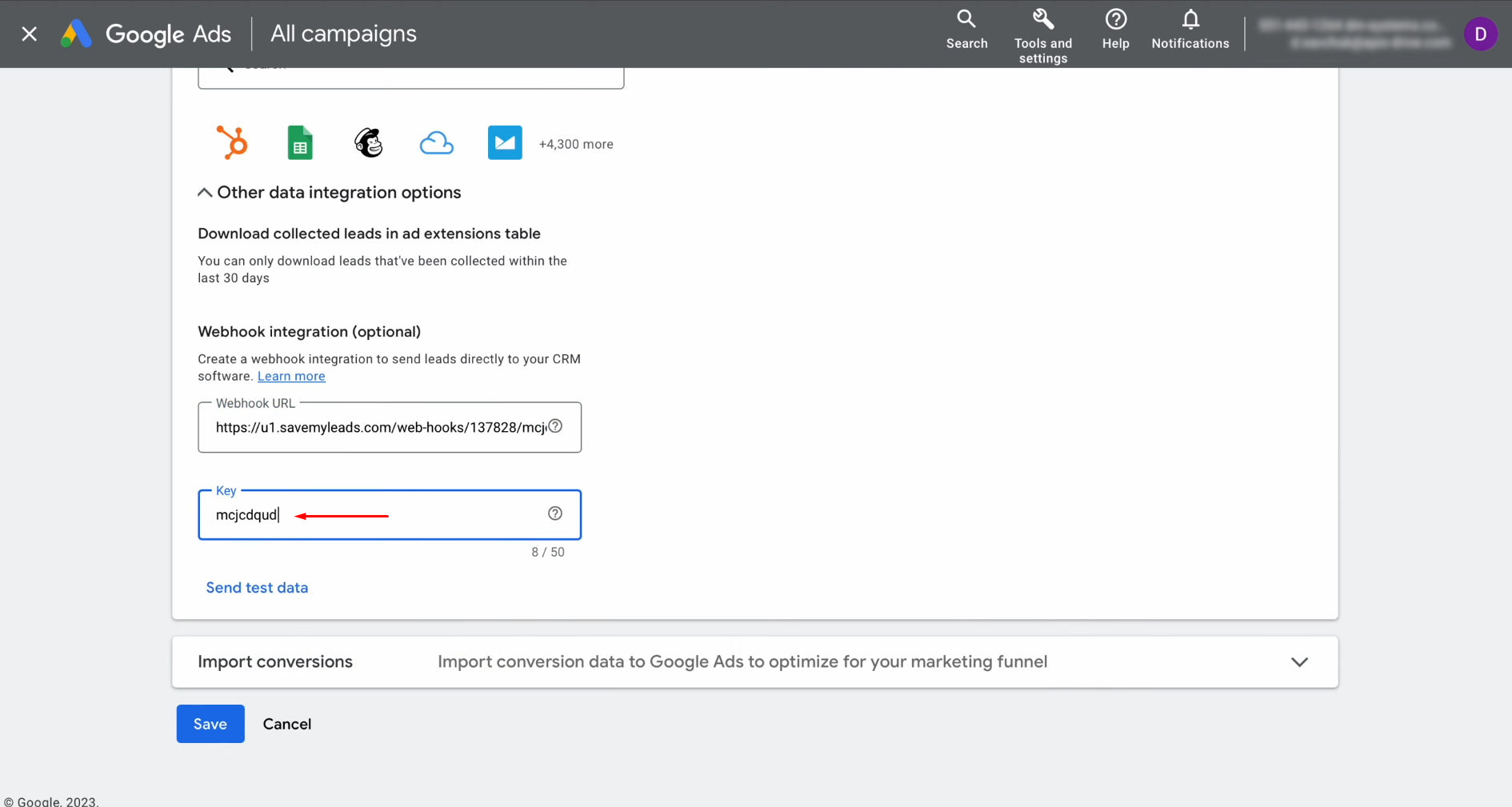 Google Lead Form and Elastic Email integration | Specify the last part of the SaveMyLeads URL as a key Google Lead Form and Elastic Email integration | Specify the last part of the SaveMyLeads URL as a key