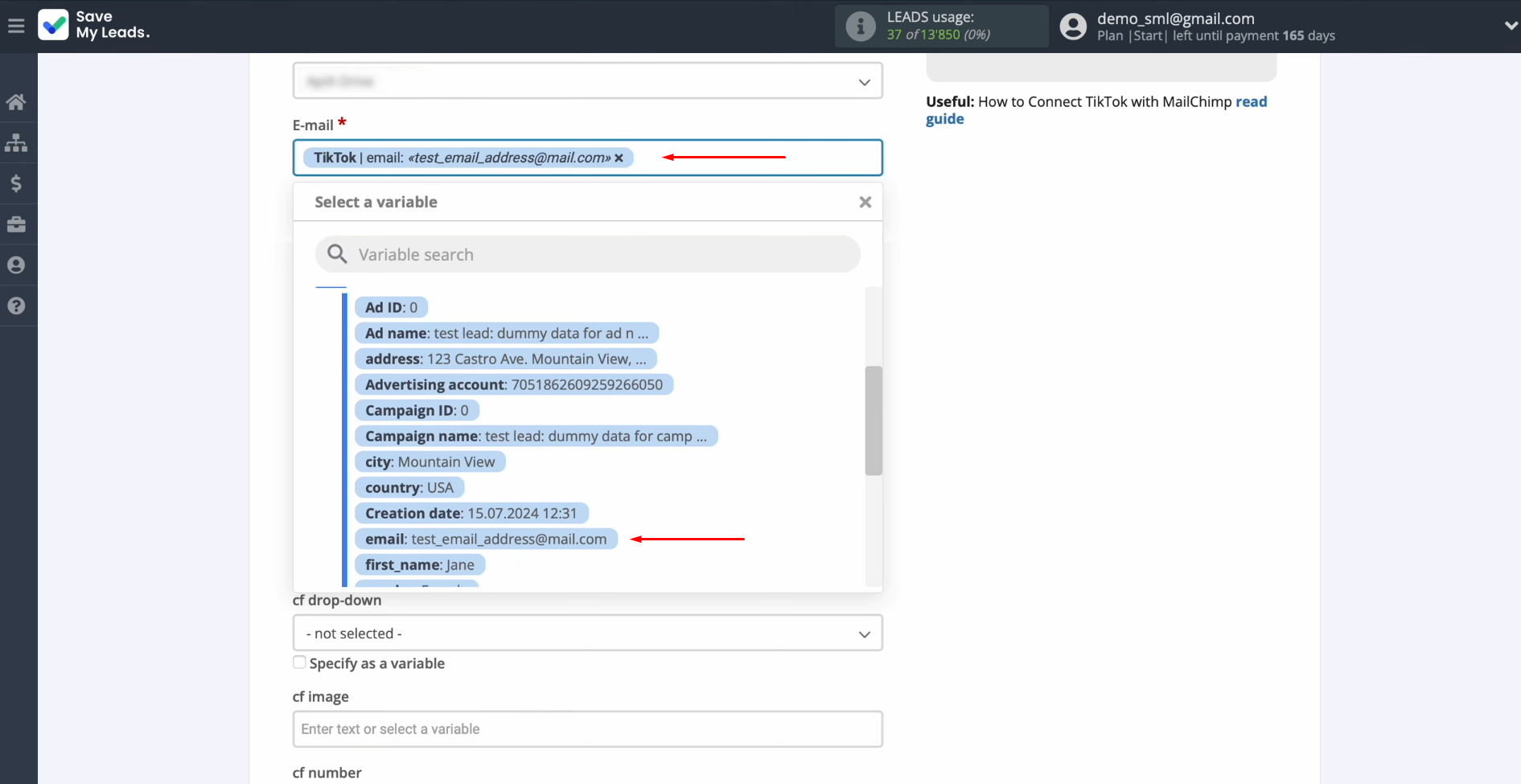 TikTok and Mailchimp integration | Assign variables from TikTok to these fields TikTok and Mailchimp integration | Assign variables from TikTok to these fields