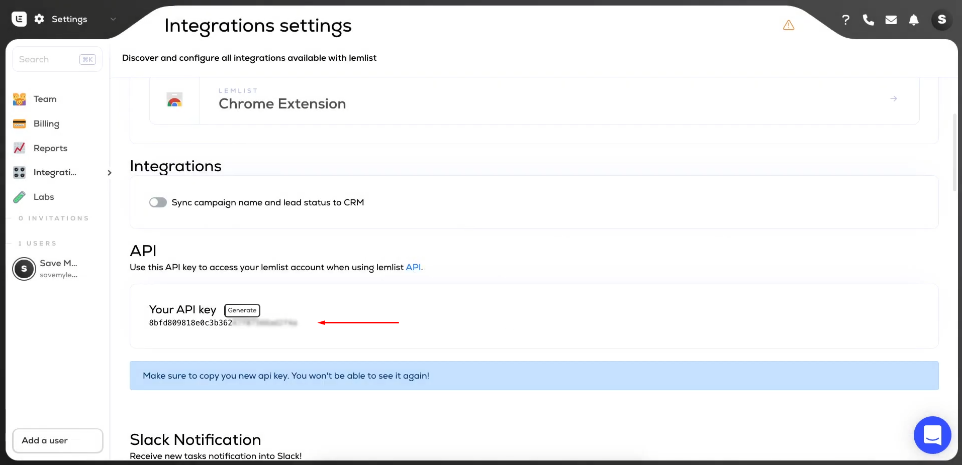 Facebook and Lemlist integration | Copy the API key Facebook and Lemlist integration | Copy the API key