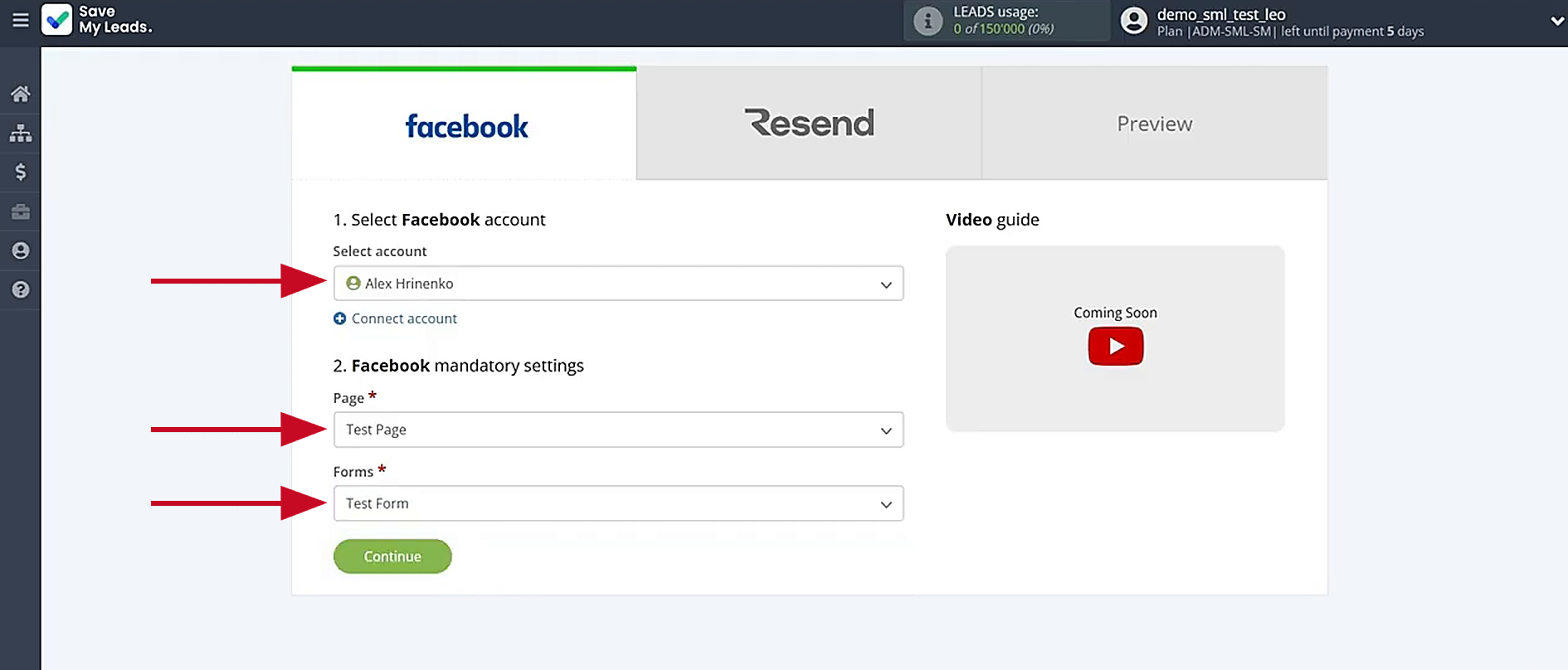 Select the connected account, advertising page and form Select the connected account, advertising page and form