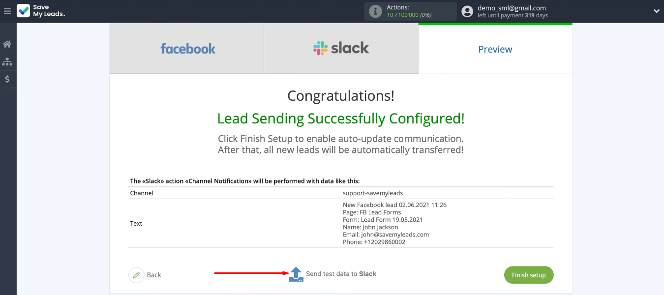 Facebook and Slack integration | Send test message Facebook and Slack integration | Send test message