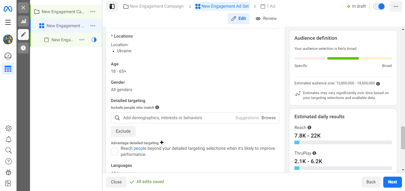 An advertising campaign in Ads Manager | Target audience settings An advertising campaign in Ads Manager | Target audience settings