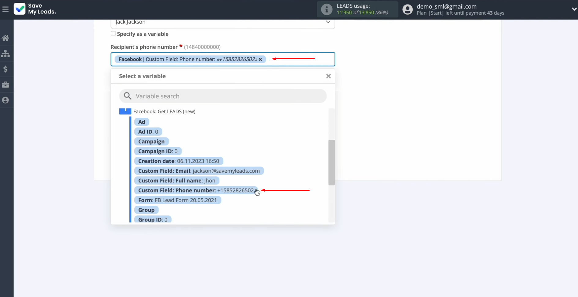 Salesmsg and Facebook integration | Fill in the recipient's phone number field Salesmsg and Facebook integration | Fill in the recipient's phone number field