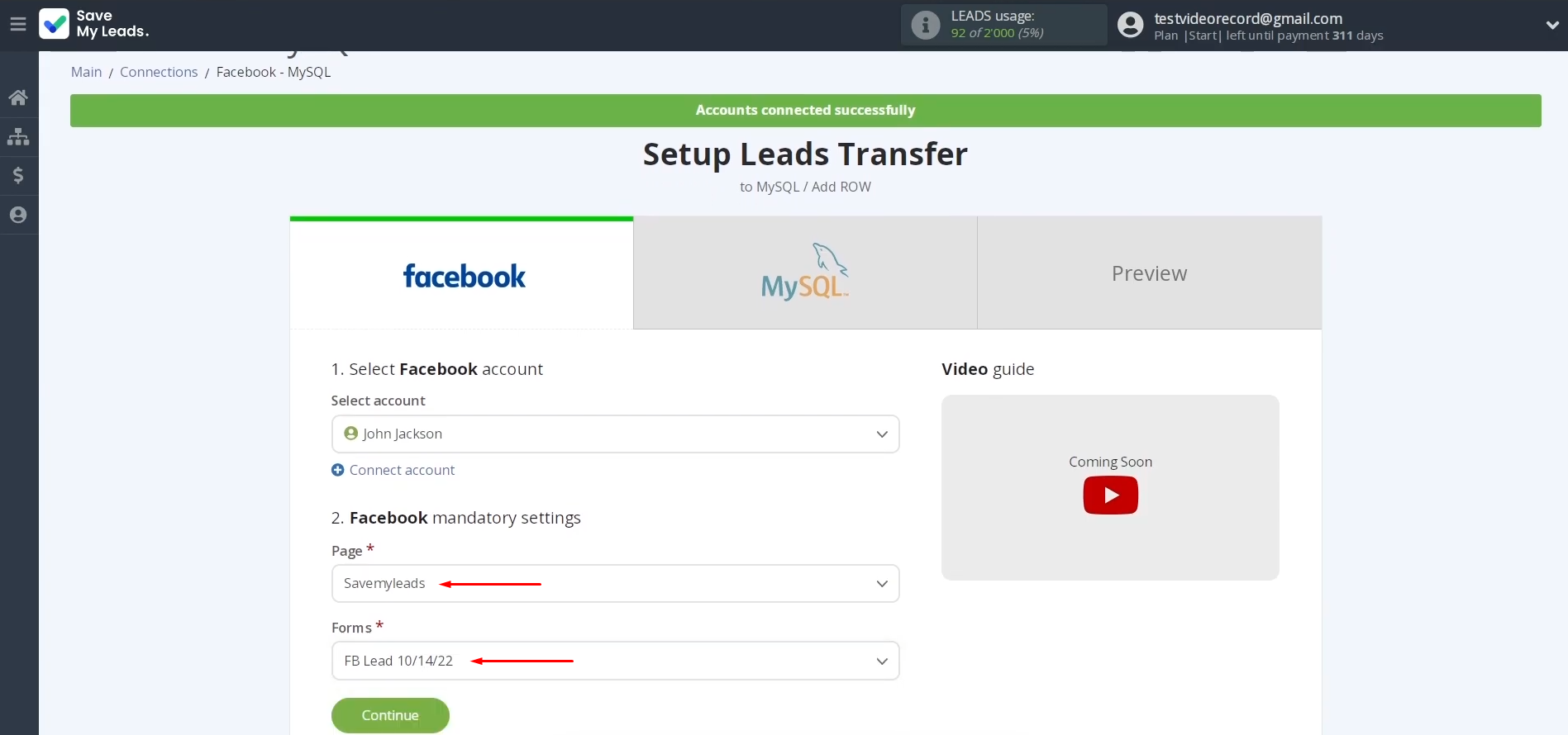 MySQL and Facebook integration | Select the advertising page and the forms MySQL and Facebook integration | Select the advertising page and the forms
