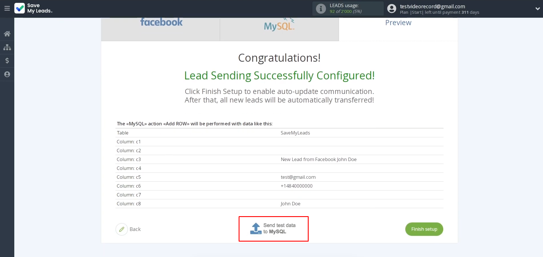 MySQL and Facebook integration | Click “Send test data to MySQL” MySQL and Facebook integration | Click “Send test data to MySQL”