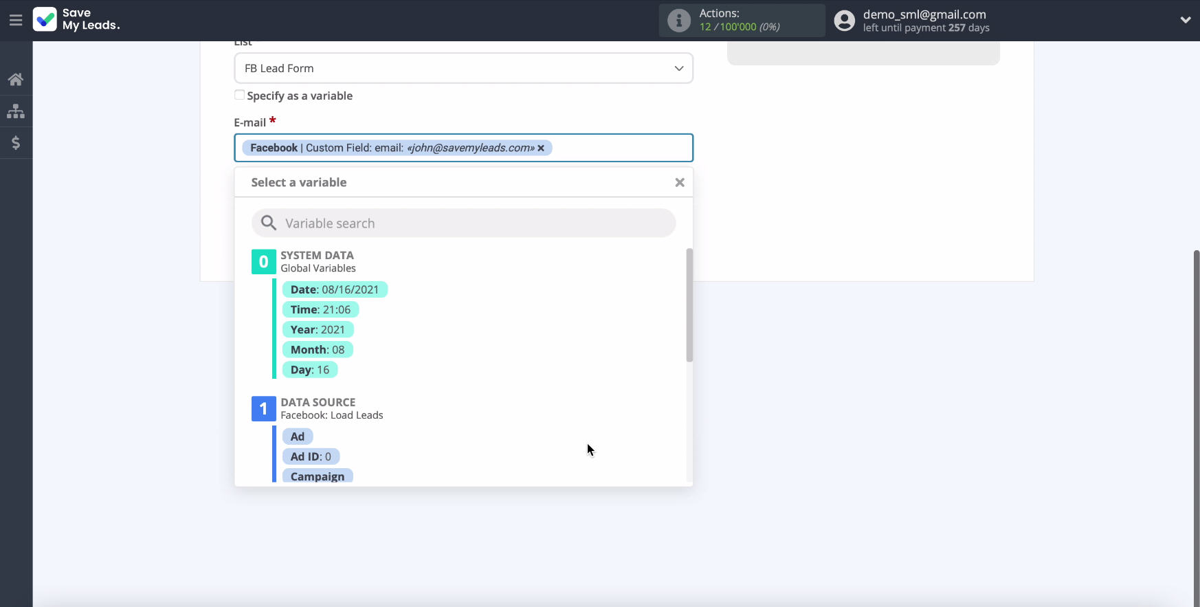 Facebook and Mailgun integration | Set the variables Facebook and Mailgun integration | Set the variables