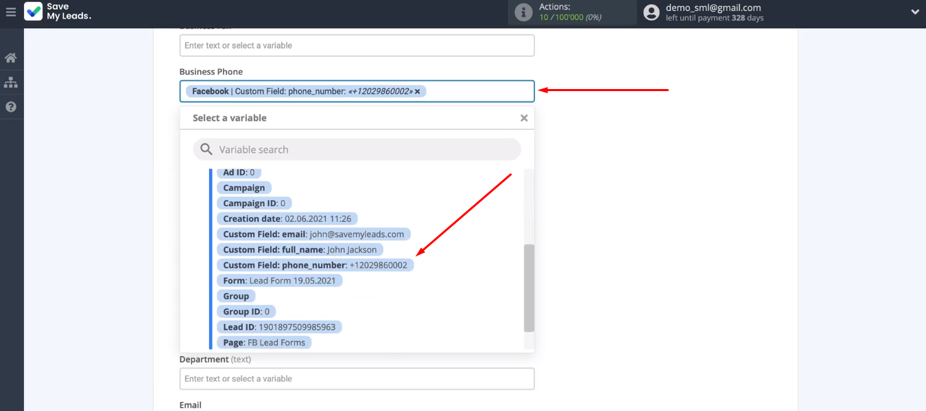 Facebook and Salesforce integration | Define the content of the Salesforce fields Facebook and Salesforce integration | Define the content of the Salesforce fields