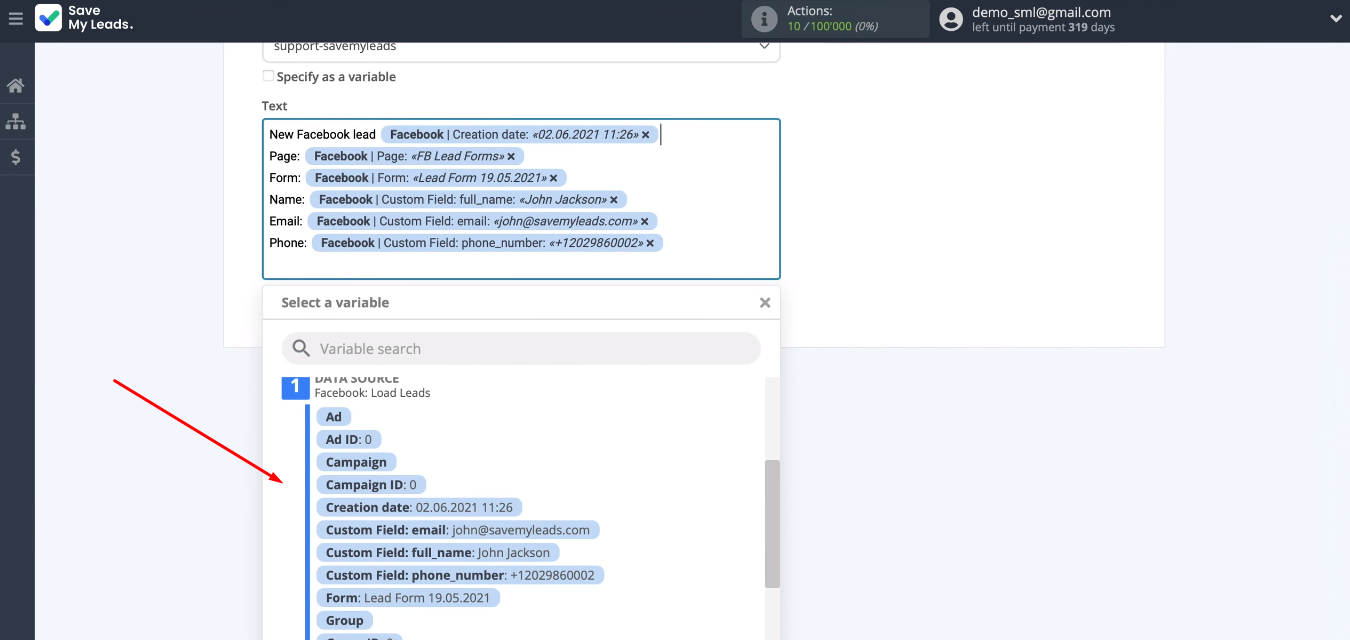 Facebook and Slack integration | Drop-down list with variables Facebook and Slack integration | Drop-down list with variables