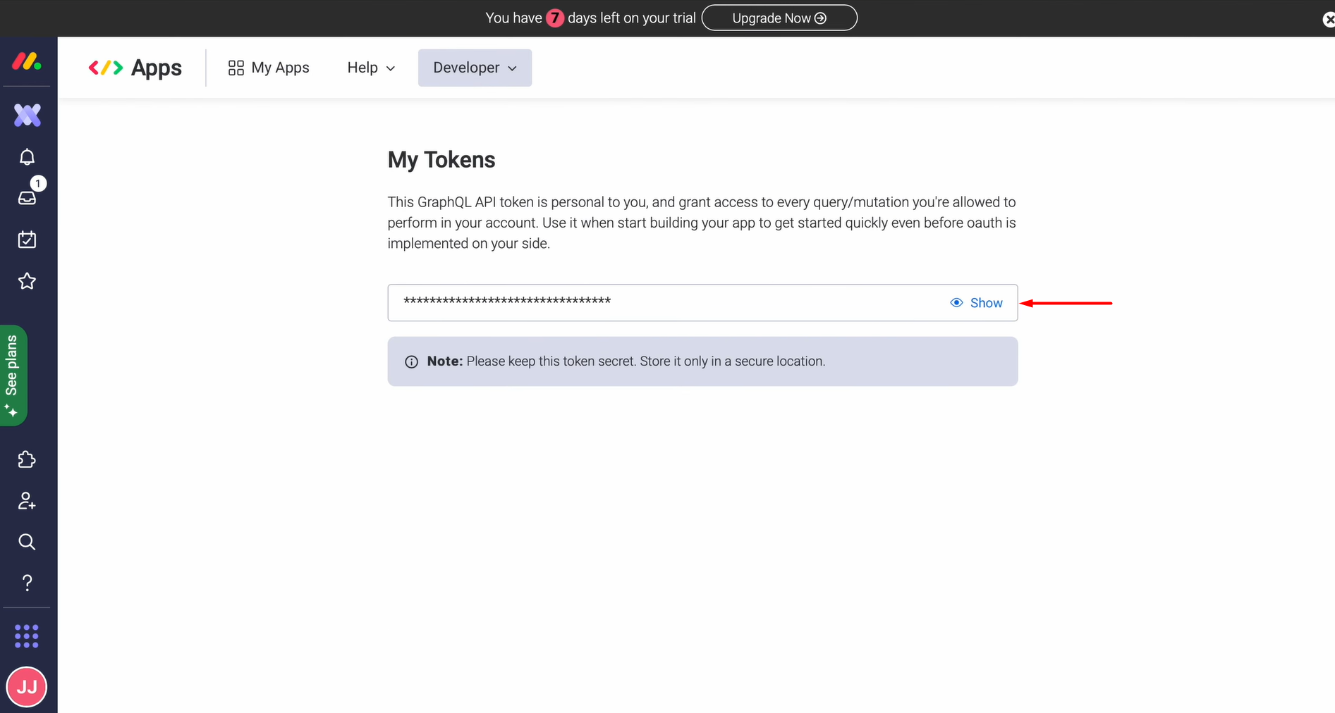 Click Show to see the token