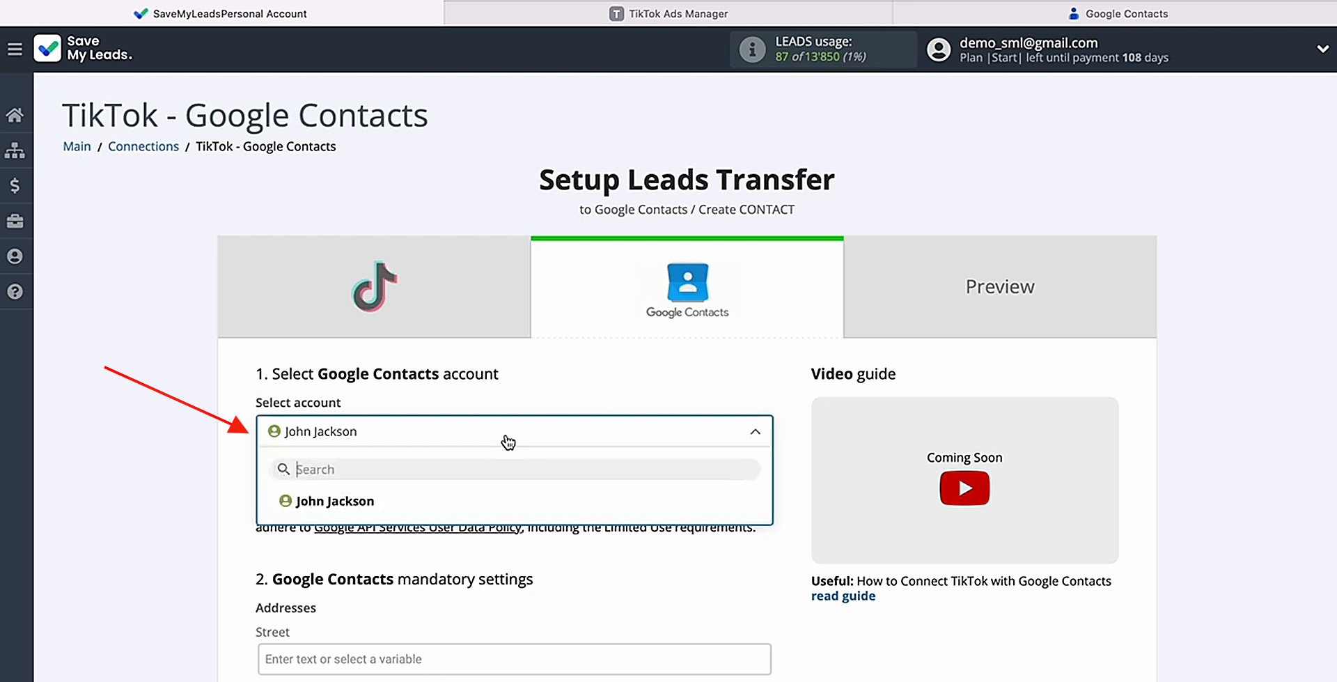 Select the connected account Select the connected account