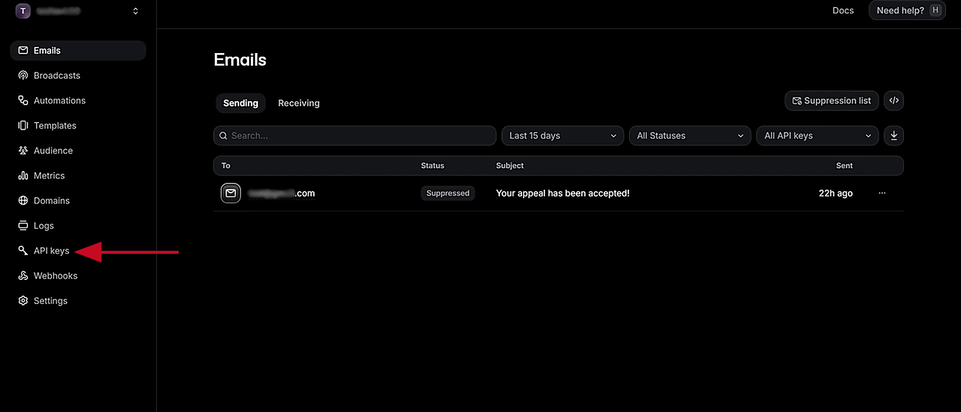 Select the API keys section Select the API keys section