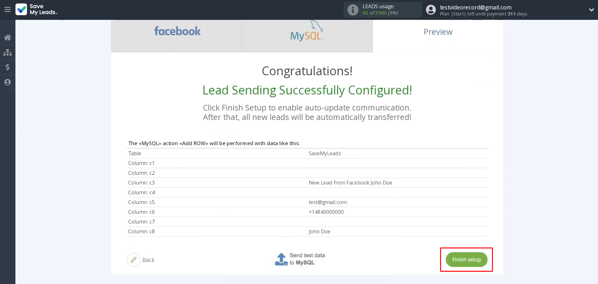 MySQL and Facebook integration | Click “Finish setup” MySQL and Facebook integration | Click “Finish setup”