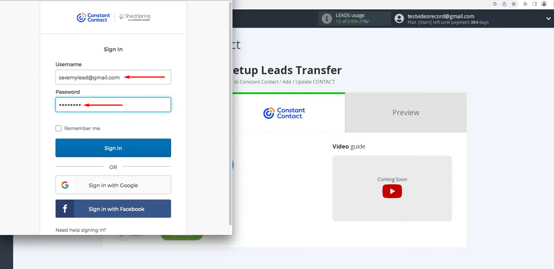 Enter your Constant Contact credentials