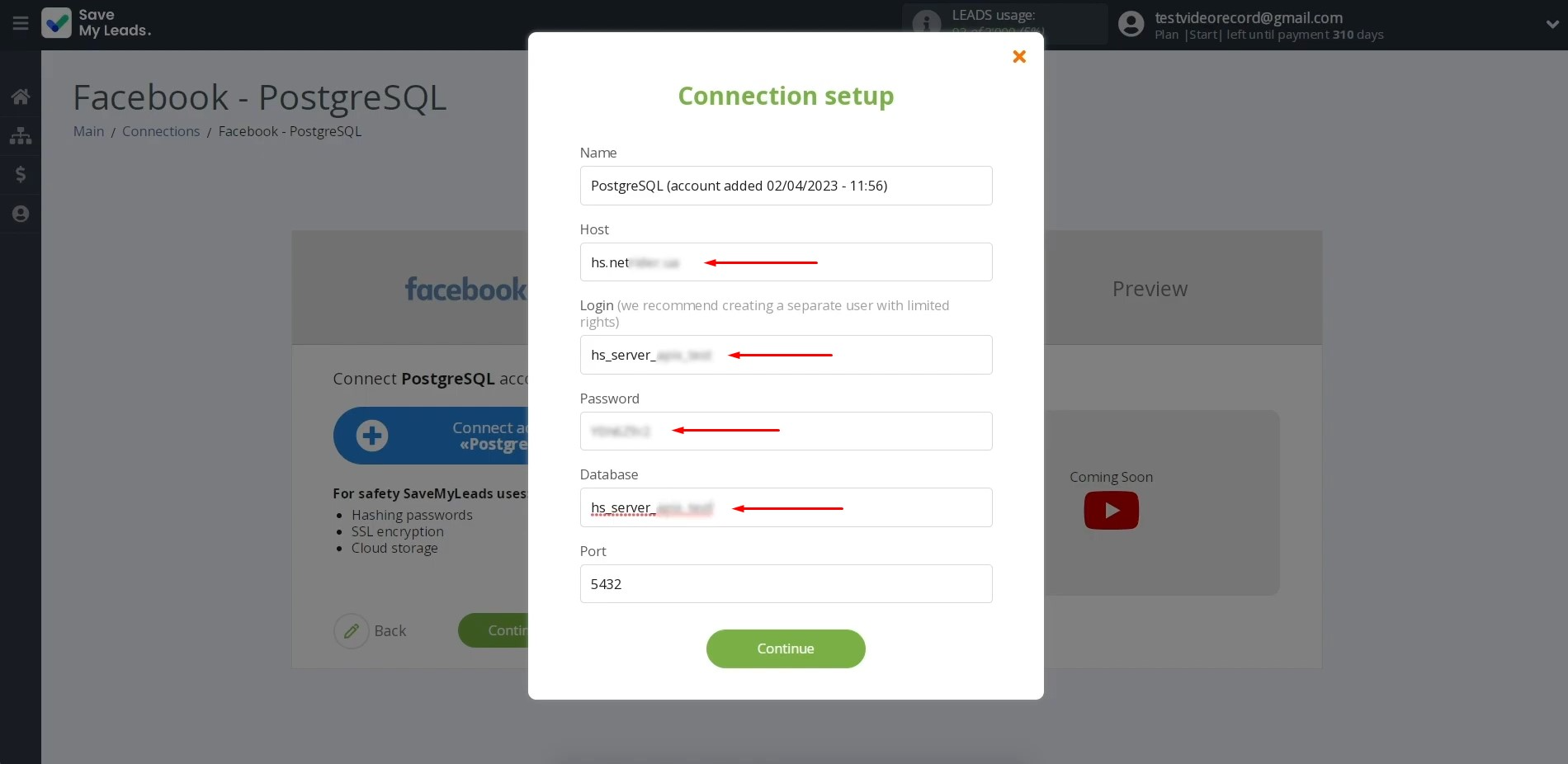 Facebook and PostgreSQL integration | Fill in all required fields Facebook and PostgreSQL integration | Fill in all required fields