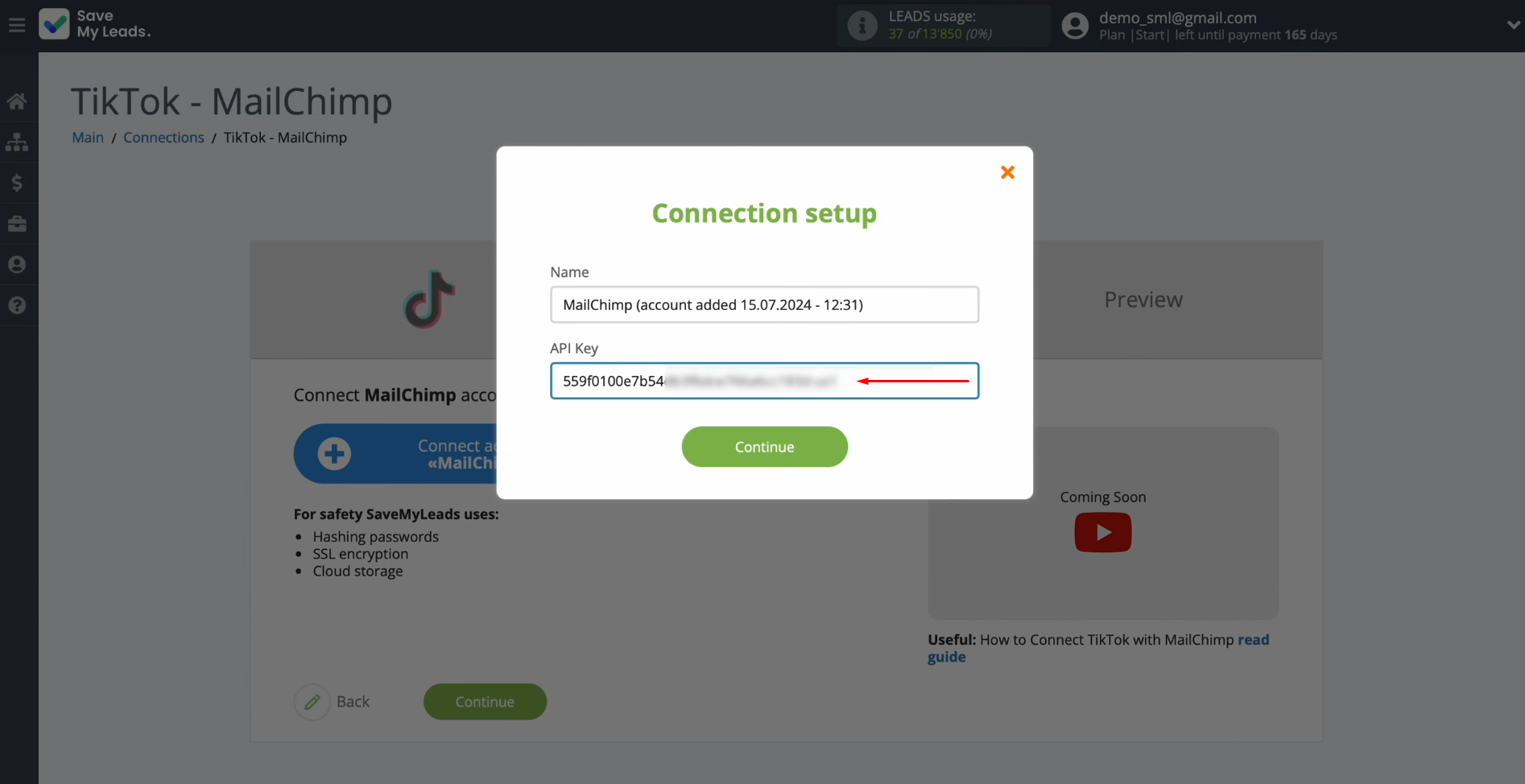 TikTok and Mailchimp integration | Paste the API key into the appropriate field in SaveMyLeads TikTok and Mailchimp integration | Paste the API key into the appropriate field in SaveMyLeads