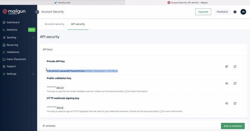 Facebook and Mailgun integration | Copy the key