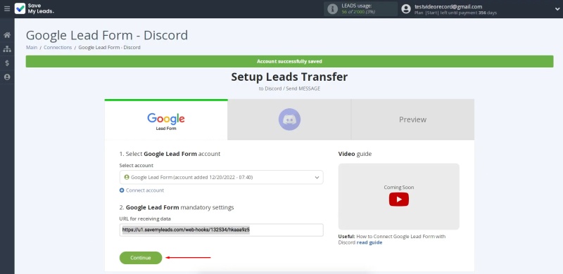 Return to SaveMyLeads and click "Continue"