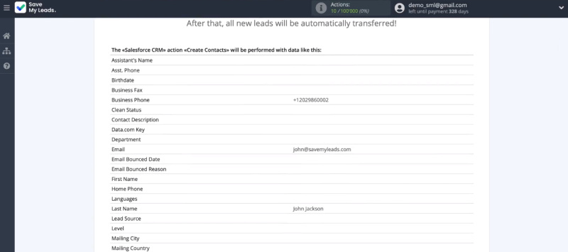 Facebook and Salesforce integration | Example of the data that will be sent to Salesforce