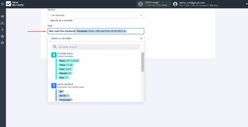 Facebook and KeepinCRM integration | You can use not only variables but also manually input values