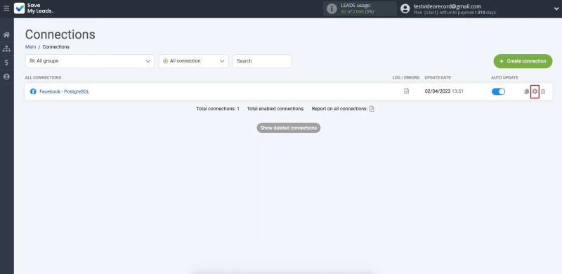 Facebook and PostgreSQL integration | Click on the gear icon