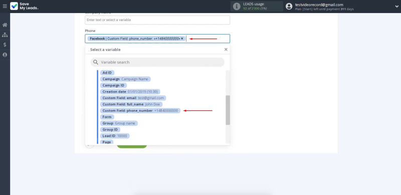 Facebook and Lemlist integration | Assign variables that will be received from Facebook