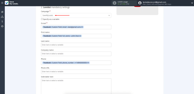 Facebook and Lemlist integration | Specify the campaign