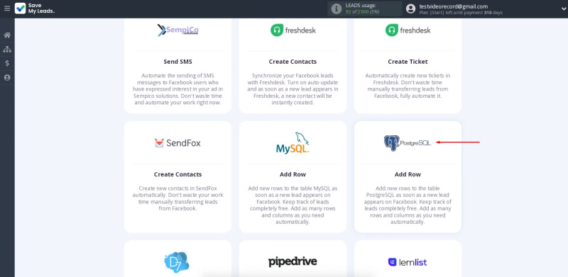 Facebook and PostgreSQL integration | Choose PostgreSQL (Add Row)