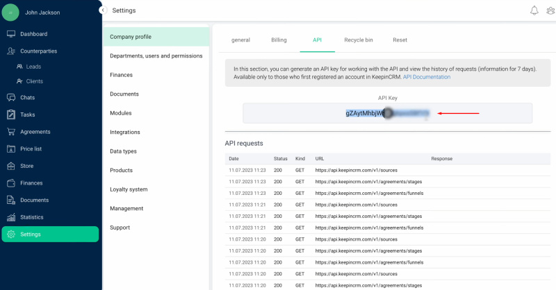 KeepinCRM integration | Copy the API key