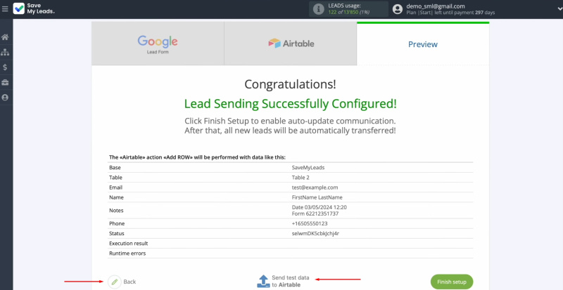 Google Lead Form and Airtable integration | Click "Back" or "Send test data to Airtable"