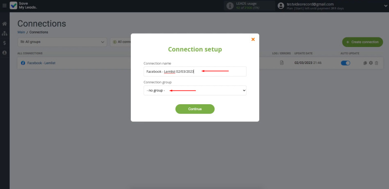 Facebook and Lemlist integration | Change the connection name and add it to a group