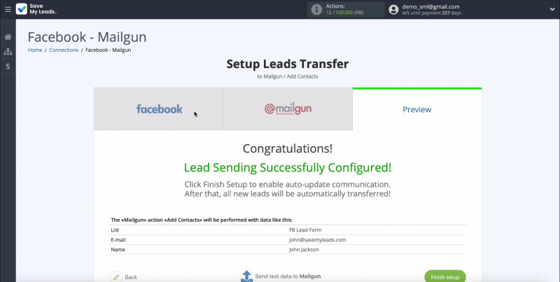 Facebook and Mailgun integration | Example of filling in data