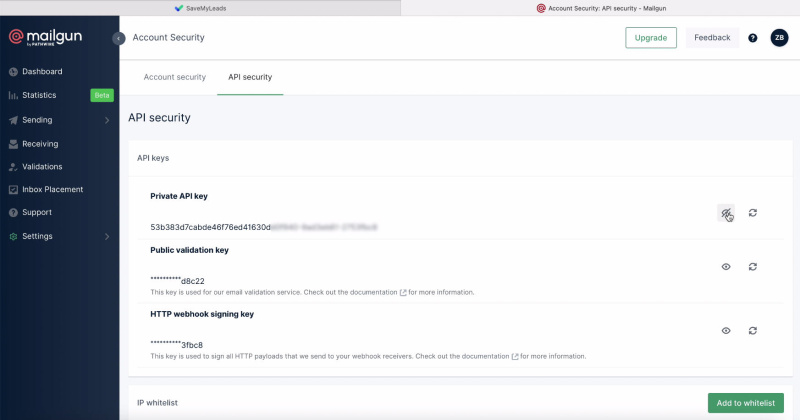 &nbsp;Facebook and Mailgun integration | API Key view button