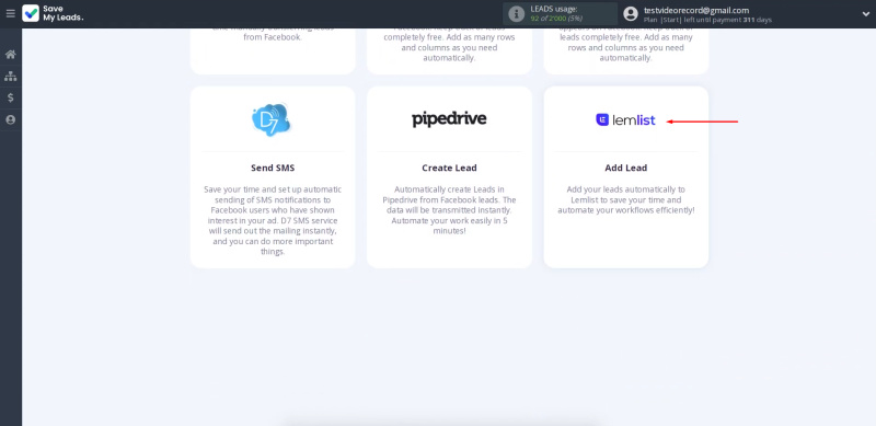 Facebook and Lemlist integration | Select Lemlist (Add Lead)