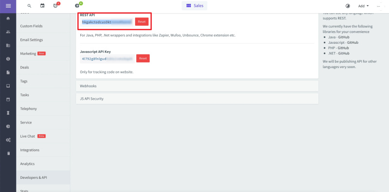 Facebook and AgileCRM integration | Copy the API key