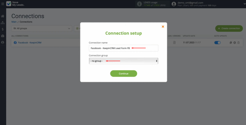Facebook integration | Change the connection name and add it to a group