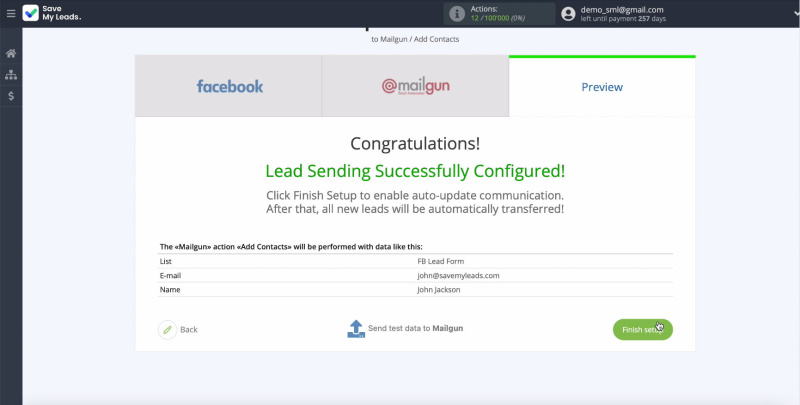 Facebook and Mailgun integration | Finish Settings
