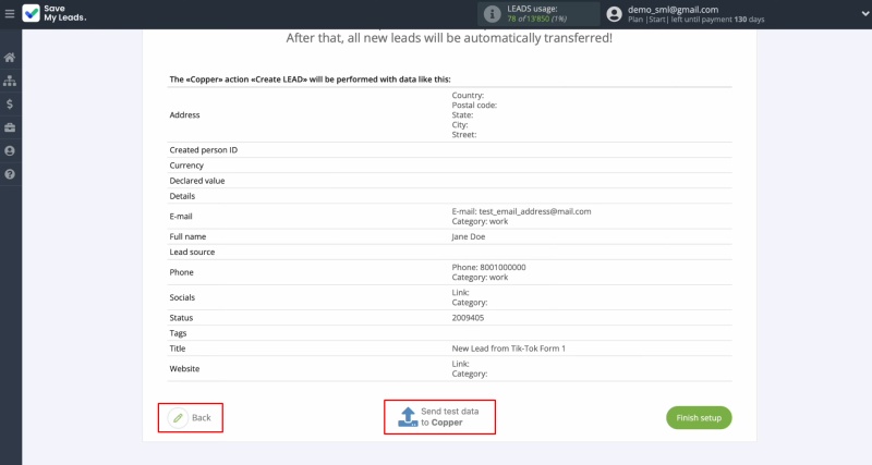 Send test data to Copper