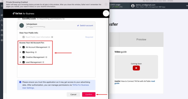 Make sure all access checkboxes are turned on