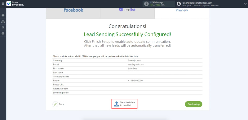Facebook and Lemlist integration | Click “Send test data to Lemlist”