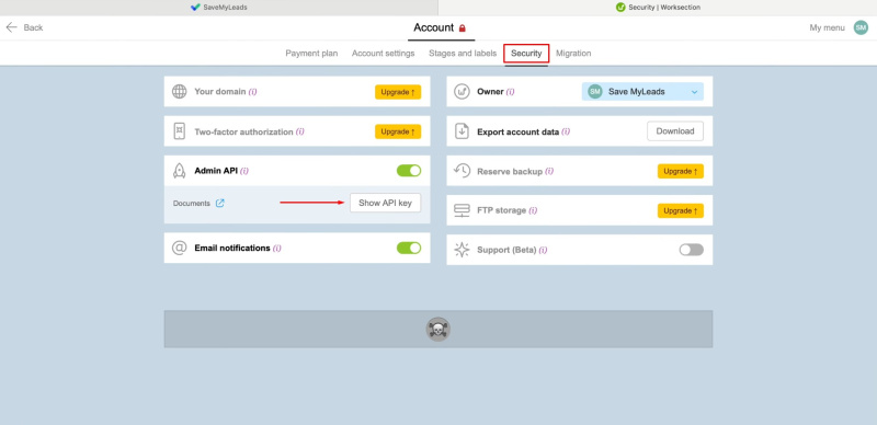 Facebook and Worksection integration | Go to the “Security” tab and click on “Show API key”